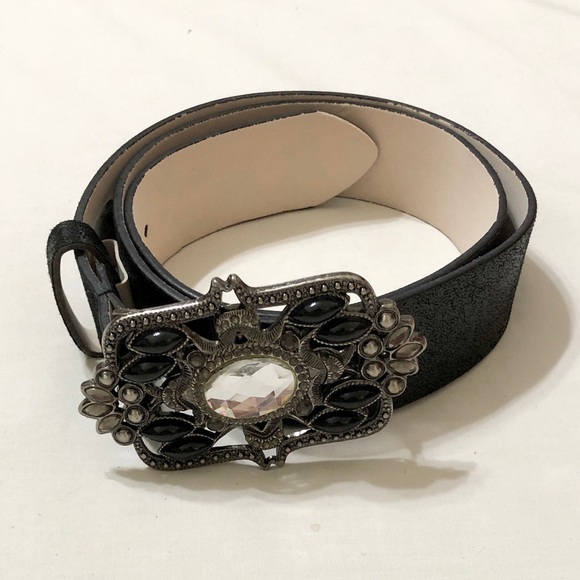 Express Women’s Black Faux Leather Belt, Fancy Rectangle Buckle with Crystals- M - Picture 3 of 17